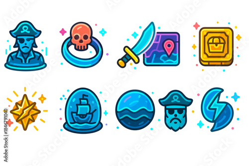 Pirate adventure icon set featuring treasures and ships in outline style