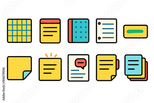 Office supplies flat icon set. Stationery, organization icons collection.