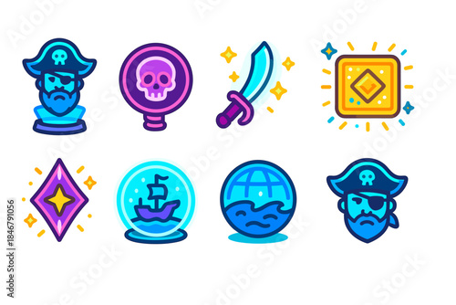 Pirate adventure icon set. Treasure, skull, ship icons flat collection