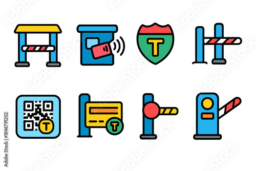 Toll booth flat icon set. Highway, payment, tollgate, automated barriers in flat style
