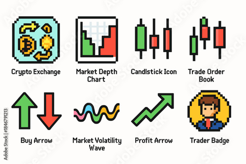 Crypto trading pixel art icon set. Exchange, market, candlestick icons in retro style.