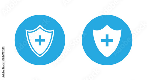 Shield with medical cross icon. Healthcare protection symbol in blue circle