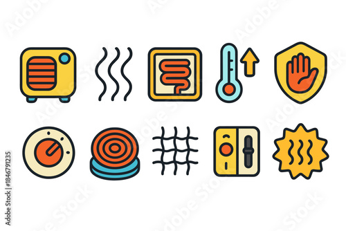 Heating and climate control flat icon set: thermostat, temperature, safety icons collection
