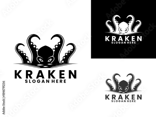 kraken with sea illustration logo design vector template. Elegant Kraken mnonster logo design icon