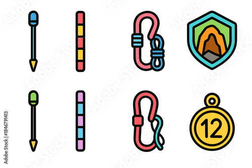 Camping, adventure icon set. Outdoor, hiking equipment icons flat collection