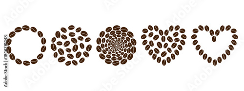 Heart shape and Round Backgrounds and Frames Borders Made of Coffee Beans Big Set Design elements. Isolated Vector illustration Themed or Coffee Day Greeting or Menu Card Ad flyer Banner, leaflet, tag