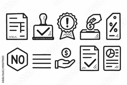 Business and finance icon set. Hand-drawn, line-style icons for reports, finance, contracts