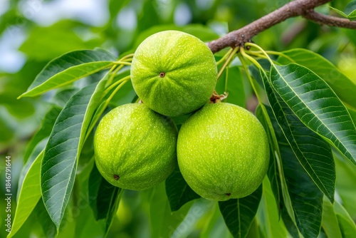 Wallpaper Mural Unripe green walnuts growing on a tree with leaves Torontodigital.ca