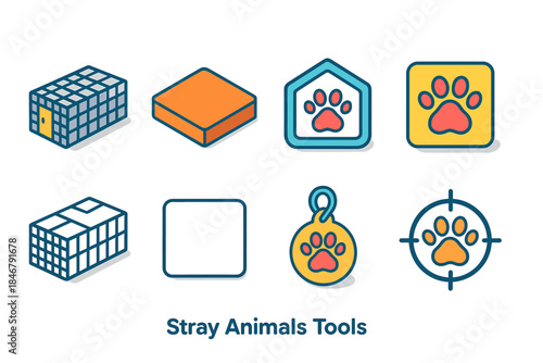 Stray animals tools icon set. Helping animals flat icons collection