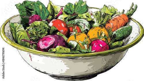 Vibrant Salad Bowl Loaded with Fresh Veggies Vector Illustration