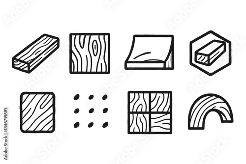 Wood texture outline icon set. Timber patterns, grain icons, woodworking designs