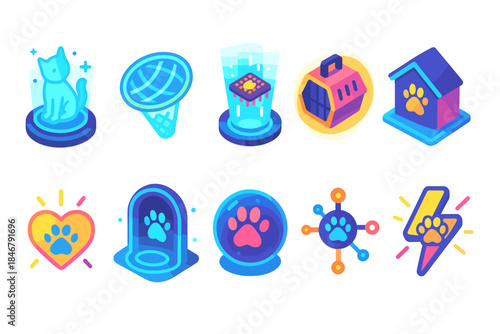 Pet care 3d icon set. Animal, veterinary symbols and accessories collection