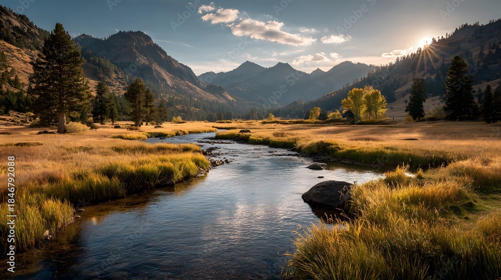 Fototapeta premium Winding river cutting through a golden autumn meadow with a sunburst rising over distant mountains in a serene valley landscape.