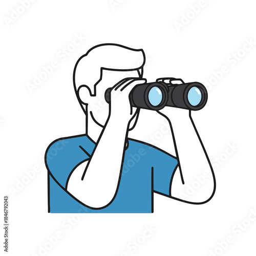 Cartoon of a person with a blue shirt looking through binoculars
