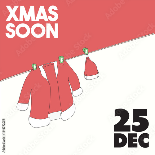 Vector illustration of santa claus red top jacket and red snow cap with green clothes peg with a christmas tree symbol hanging on a clothesline.