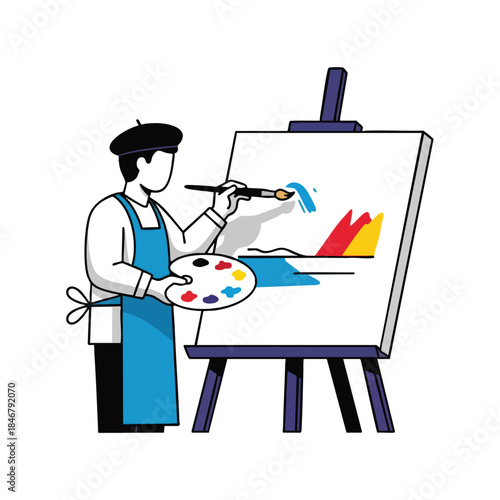 An artist wearing a beret, apron, paints on a canvas with a palette in hand