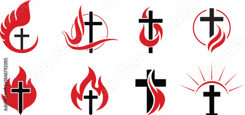 Collection of line drawing Church logo, Christian cross motif within the curves on the white background, Vector illustration,  Concept for elegant modern wall decor, logo, card, banner, poster, flyer.