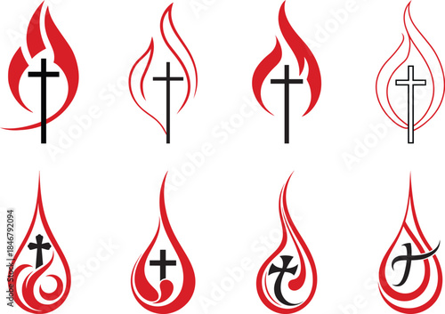 Collection of line drawing Church logo, Christian cross motif within the curves on the white background, Vector illustration,  Concept for elegant modern wall decor, logo, card, banner, poster, flyer.