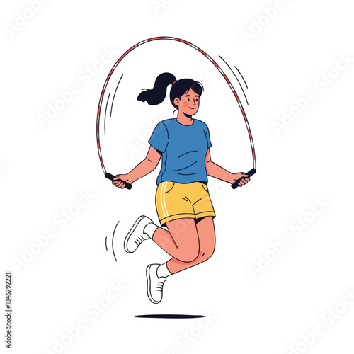 A young person jumps rope, smiling, in sporty attire, outlined on a white background