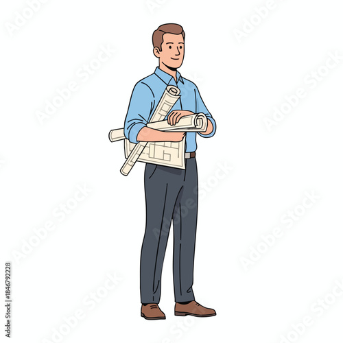 A standing man, blue shirt, dark pants, holding rolled blueprints