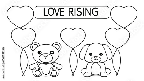 A teddy bear and dog sitting with heart shaped balloons and love rising