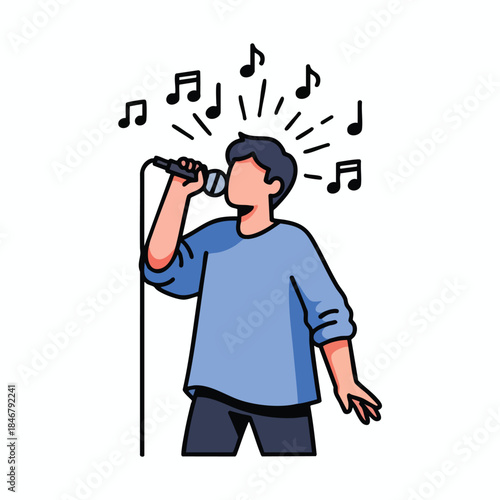 A person singing with a microphone, music notes, in a cartoon illustration