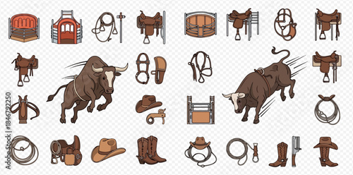 Collection of rodeo and cowboy equipment with bulls, saddles, hats, and boots on a white background.