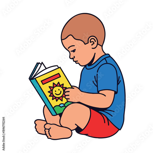 A child, seated, reads a book with a smiling sun illustration