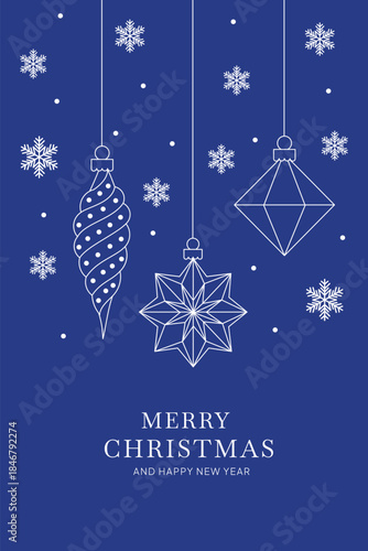 Merry Christmas card template blue line art; Hanging ornaments winter vector flyer