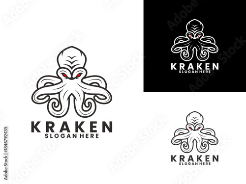 Angry kraken line art logo design vector template