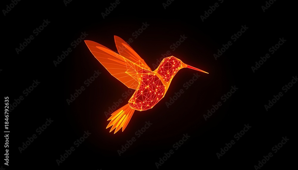 Naklejka premium Orange geometric hummingbird with glowing lights on black background polygonal low poly