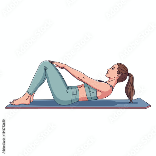 An illustrated woman doing a sit up exercise on a mat, looking up, hands up