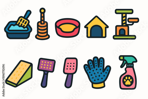 Pet care flat icon set. Cat accessories, grooming essentials, and pet hygiene icons.