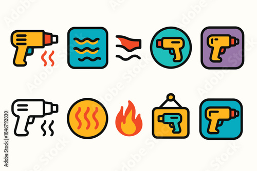 Hairdryer, heat styling icon set. Flat styling tools, appliances icons collection
