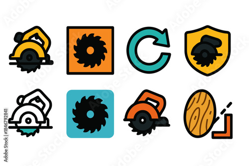 Construction equipment flat icon set. Tools, saw and hammer flat icons collection
