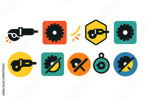 Construction tools flat icon set. Hand tools, safety, industrial equipment icons.