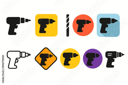 Tools and construction icon set. Drill, hammer, wrench icons in solid style collection