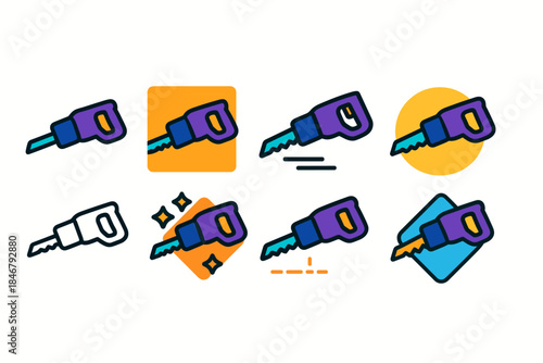 Electric saw flat icon set for woodworking and construction projects