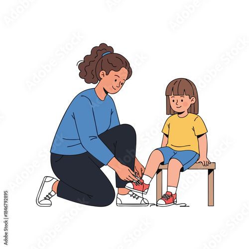 An adult kneels to tie a child's shoe. The child sits on a stool, looking on