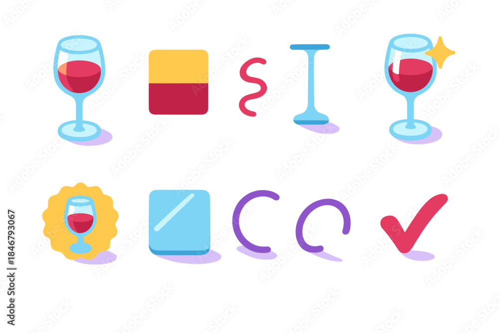 Obraz premium Wine tasting flat icon set with glasses and wine glasses for gastronomy enthusiasts
