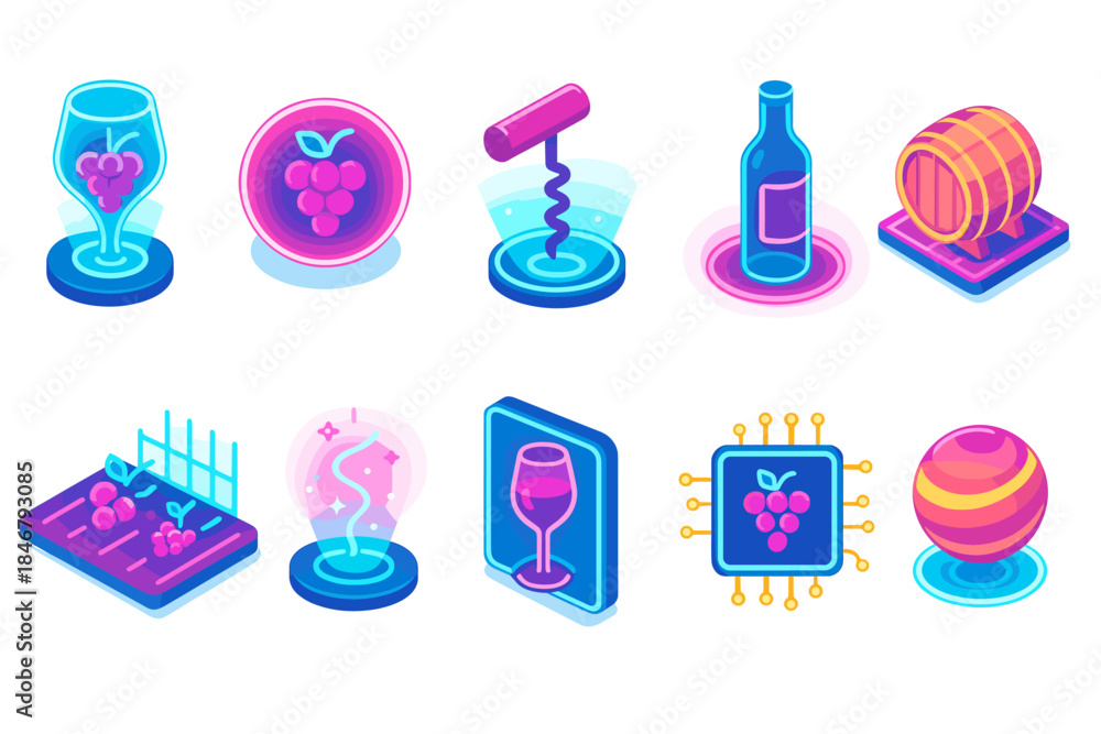 Obraz premium Wine and winery icon set. 3D icons for vineyards, grapes, and tasting themes