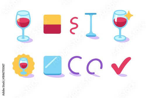 Wine tasting flat icon set with glasses and wine glasses for gastronomy enthusiasts