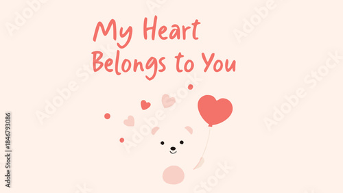 A pastel colored scene of a cute teddy bear floating gently with a heart shaped balloon