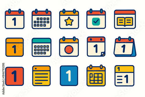 Calendar app icon set in flat style. Easy-to-use, colorful planner icon collection