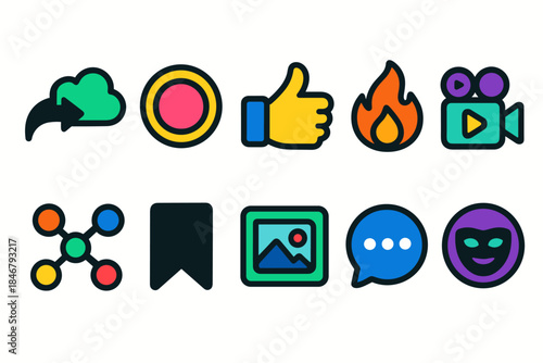 Communication and social media icon set. Colorful flat icons for digital interaction