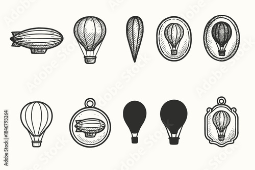 Vintage aviation silhouette icon set. Zeppelins and hot air balloons collection