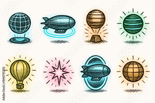 Vintage air travel icon set. Retro, aviation elements in flat style collection