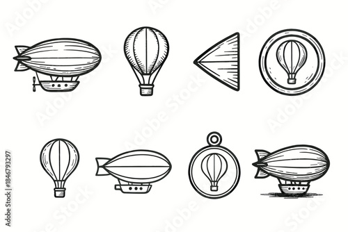 Airship, balloon outline icon set. Vintage aviation outlined icons collection
