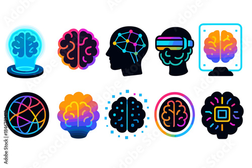 Artificial intelligence, technology 3d icon set. Neural, innovation, data symbols collection.