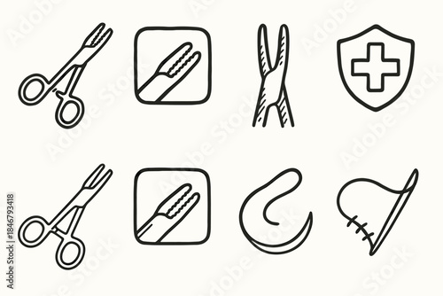 Medical tools outline icon set: surgical instruments, healthcare symbols collection